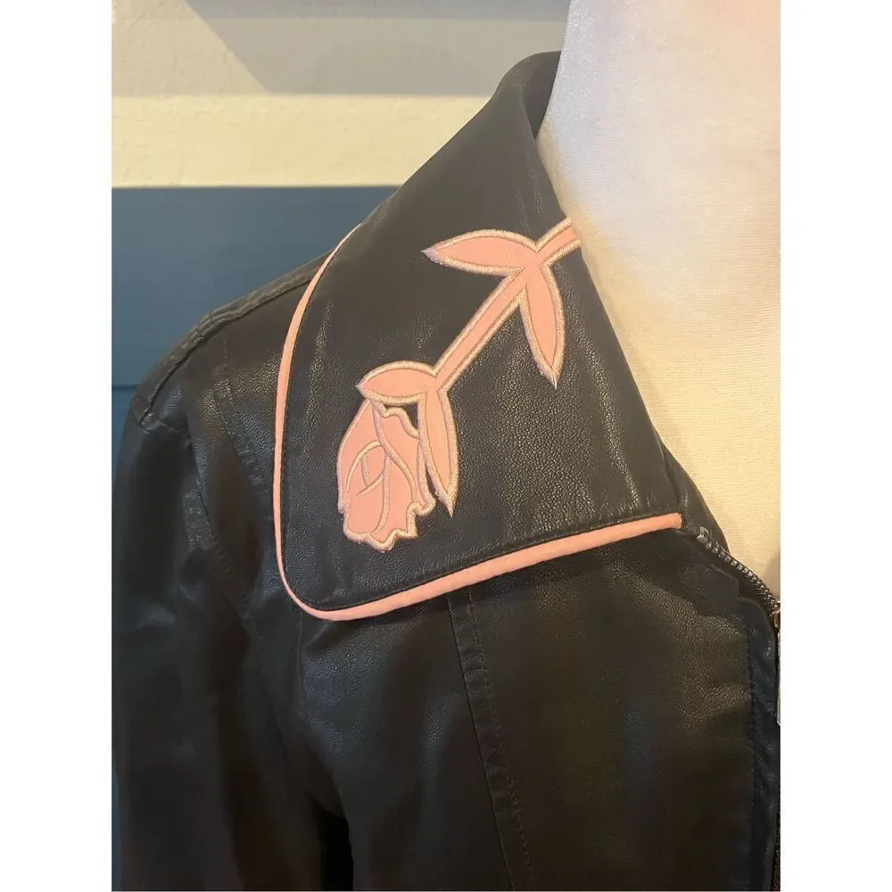 Maixang Oversized Faux Leather Embroidered Jackets Zip Up Motorcycle Coats